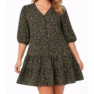 Refinity City Chic Olive Leopard Print Tiered Tunic Puff Sleeves M Tunic Boho